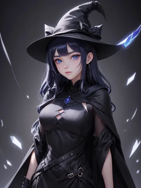 17-year-old girl、wearing a black elegant hat、Rune background、black magician、Wearing a black robe、mesmerize、cute woman、Elegant hairstyle、indigo hair color、Slightly shorter hair、blue eyes、look at the viewer、masterpiece、Best image、