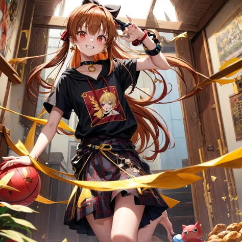 Brown, red, gold, golden hair、Red eyes、One good looking girl、solo、anime、Checkered mini skirt、Black camisole、Black T-shirt、hoodie、Wearing a ribbon、Ribbon on waist、Crystal Earrings、treasure石のネックレス、Light and shadow、Tilting face、Teeth are visible、Marble pillar...