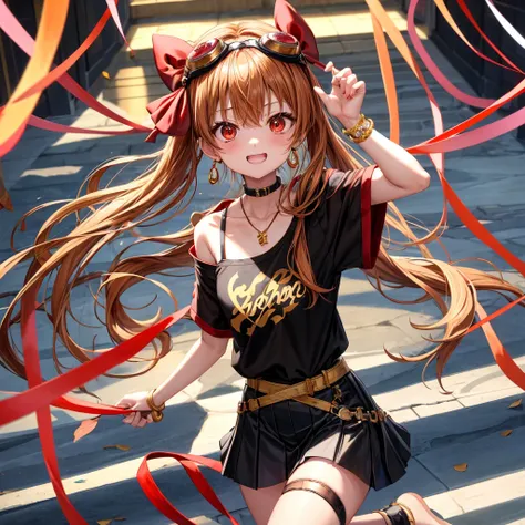 Brown, red, gold, golden hair、Red eyes、One good looking girl、solo、anime、Checkered mini skirt、Black camisole、Black T-shirt、hoodie、Wearing a ribbon、Ribbon on waist、Crystal Earrings、treasure石のネックレス、Light and shadow、Tilting face、Teeth are visible、Marble pillar...