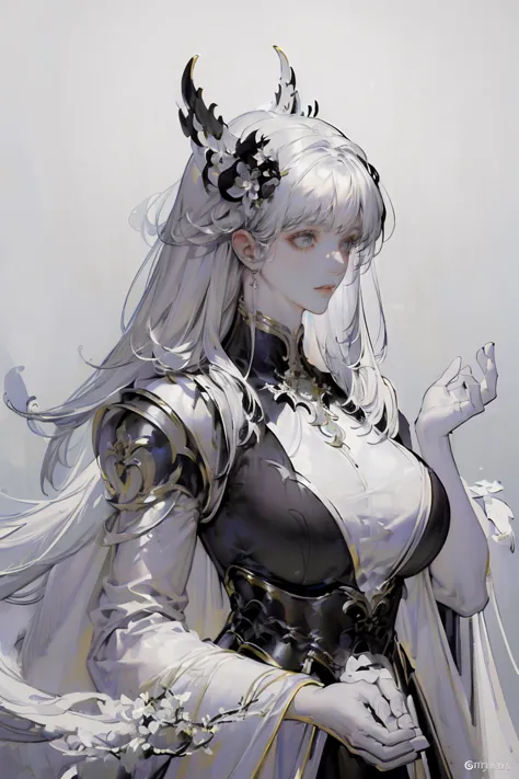 (black and white color scheme:1.4)close-up of a woman in a white dress, chengwei pan on artstation, ian j., detailed fantasy art...