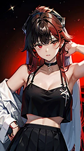 two-tone hair, black hair, red hair, red eyes, very long hair, fluffy hair, disheveled hair, x hair ornament, space BREAK upper body, black skirt, black stockings, bra  