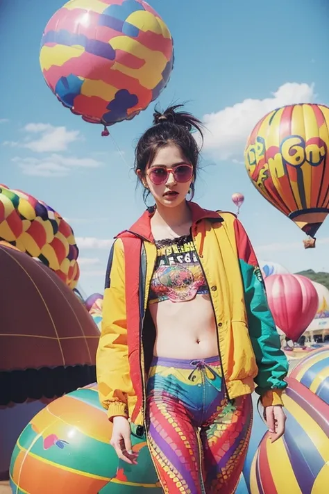 (extra detailed body、extra detailed face、best qualtiy:1.2)、femele、looking at the viewers、(Psychedelic clothing、Trumpet pants、Psychedelic sunglasses)、(Balloon in the background:1.4)