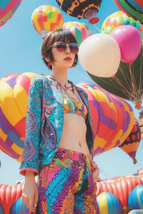 (extra detailed body、extra detailed face、best qualtiy:1.2)、femele、looking at the viewers、(Psychedelic clothing、Trumpet pants、Psychedelic sunglasses)、(Balloon in the background:1.4)