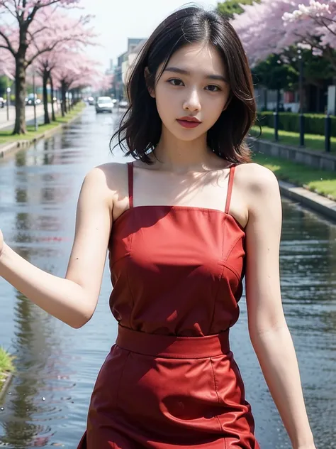 ((best quality, 8k, masterpiece: 1.3)), Focus: 1.2, Perfect body beauty: 1.4, buttock: 1.2, ((Laminated haircut)), (Wet clothes: 1.1), (Rain, street:1.3), Tulle Fabric, Plain skirt, (Red dress: 1.2), Soft style, The surface of the skin and face has many de...