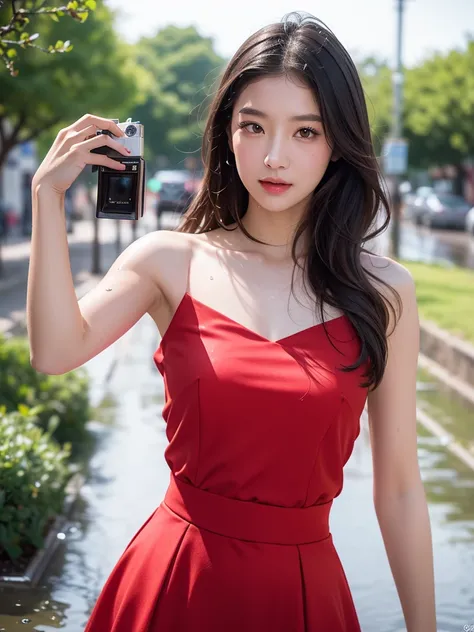 ((best quality, 8k, masterpiece: 1.3)), Focus: 1.2, Perfect body beauty: 1.4, buttock: 1.2, ((Laminated haircut)), (Wet clothes: 1.1), (Rain, street:1.3), Tulle Fabric, Plain skirt, (Red dress: 1.2), Soft style, The surface of the skin and face has many de...