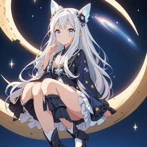 Star Fairy、(masterpiece, best quality), 1girl, sitting on the crescent moon、「A beautifully printed galaxy patterned kimono and gothic lolita outfit.、Space pattern box pleated mini skirt with ruffles、Front view portrait、Knee-high boots、Captivating eyes、Perf...