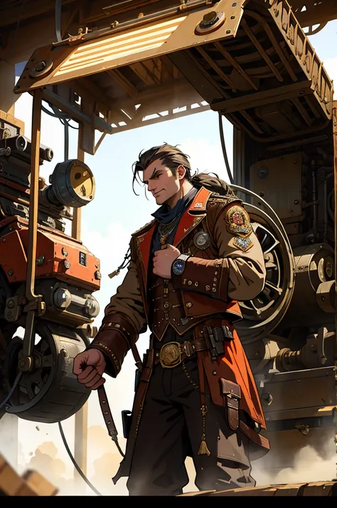 Men shooting guns at huge machines,Stylish costumes that combine Western elements with advanced technology,steam technology, steampunk,Late 19th century American West,(wild wild west),beautiful lighting, volumetric lighting, dynamic angle, sharp,
