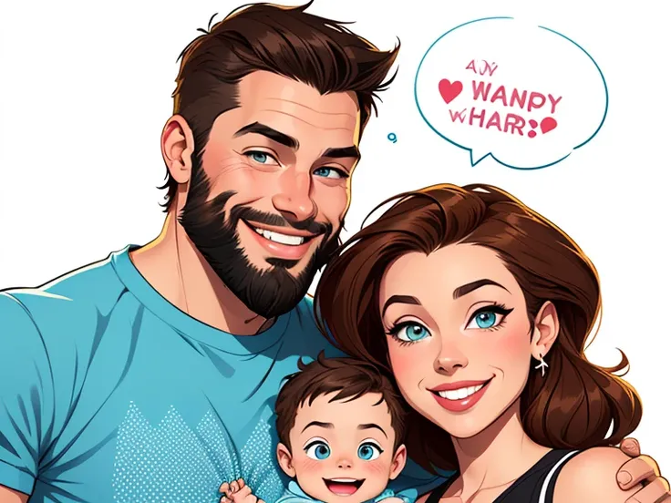 Happy couple of man with beard in his 30s and woman with beautiful smile cartoon style digital illustration white background with a son and a daughter 