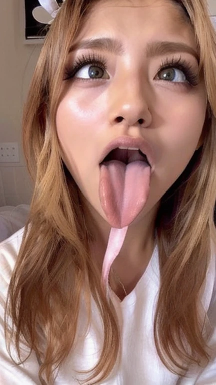 Japanese women, beautiful girl, Gal,Blonde、 Baby Face, Realistic skin of the highest quality, Eyes are focused, 20-year-old, Sticking out tongue, Focus on the mouth, Open your mouth, Long Tongue, saliva, Open your mouth wide, I can see inside the mouth, Op...