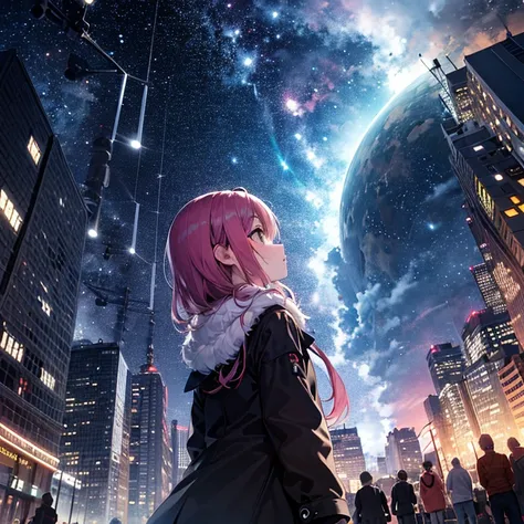 ultra detailed game CG, (High resolution:1.1),(absurderes:1.1), 1girl in, , Solo, Simple Anime, nightcity, Overlooking the night view from a height