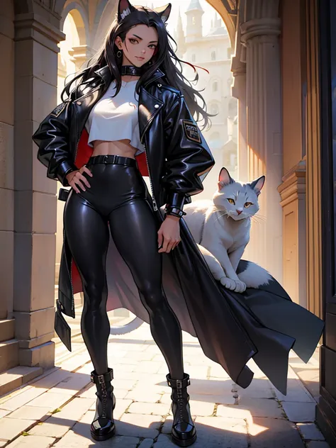 beautiful young female warrior fighter with cat ears on her head, com rosto bem detalhado e bonito, belos olhos, belos olhos, rosto lindo, beautiful young woman wearing long black leggings with black details, mini saia curta, usando jaqueta de couro preta,...