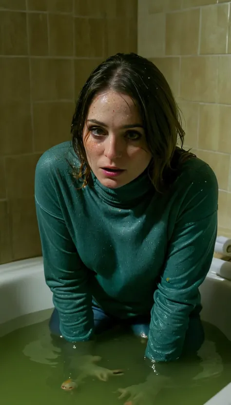 (realistic,photorealistic:1.37),soaked 40-years-old woman in jeans and turtleneck,victim of voyeurism,caught,depraved,with shame and gloomy ecstasy,hard breath,convulsions,drowning in murky bath, standing,photorealistic,ultra-detailed,professional,vivid co...