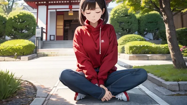 (8K), (Best Quality), (Mastepiece: 1.2)  Japan　　A woman practicing zazen　Eyes closed, red sweatshirt　jeans