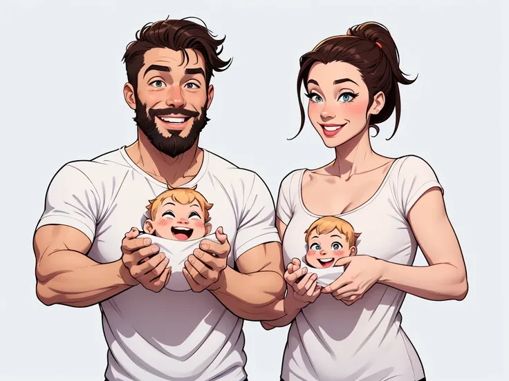 Happy couple of man with beard in his 30s and woman with beautiful smile cartoon style digital illustration white background with a son and a daughter 