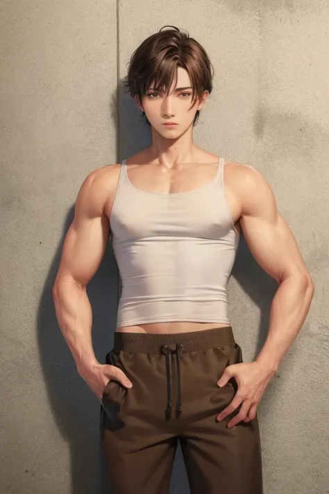 ((highest quality)), ((masterpiece)), (detailed), Perfect Face, 1 male, Slim and smart, Stand against a wall, Place one hand on hip, Tank top, Jogger pants, Cowboy Shot, brown hair