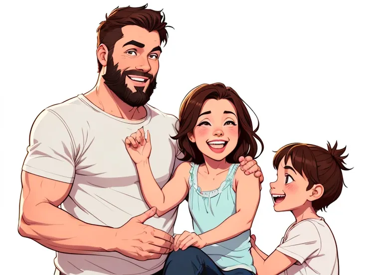 Happy couple of man with beard in his 30s and woman with beautiful smile cartoon style digital illustration white background with a son and a daughter 