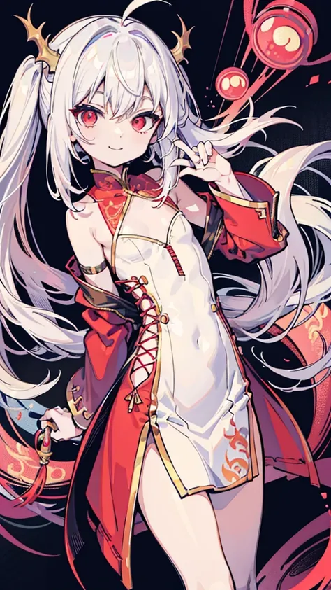 anime style,flat chest shota,kawaiI small little shota,oriental dragon shota,oriental dragon horn and tail,long hair,white hair,messy hair,zip slit red bodycon Cheongsam dress,Lace up on flank,smiling,