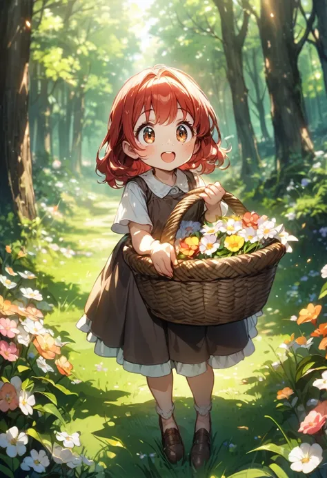 outdoors, young girl(red hair, freckles, big eyes,) in a dorothy costume carries a basket, forest, spring, sunny, flowers,