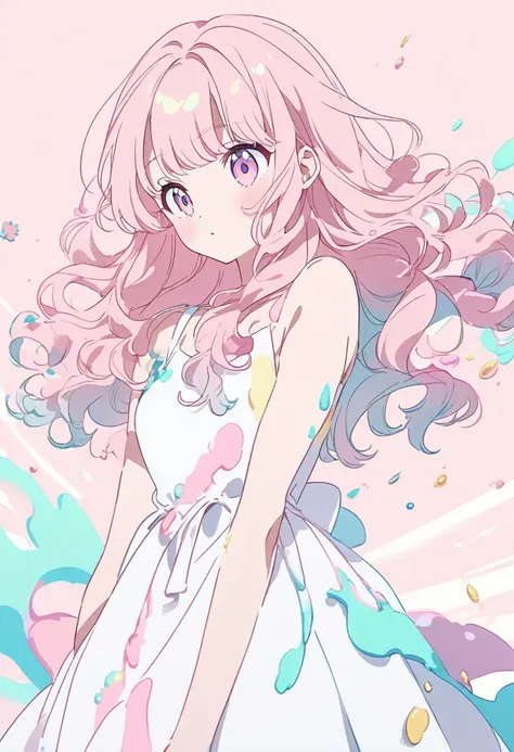 light pink hair, pink and white, sakura leaves, pastel colors, white dress, a splash of paint, simple background, anime style, wavy hair