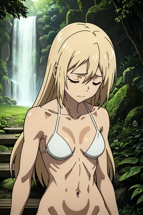 A tanned-skinned anime girl lies despondently on the ground, her hand cradling her abdomen in agony. Her fabric revealing the faint outlines of her ribs. Long sun-kissed locks cascade around her face, concealing it from view. Her despairing expression, etc...