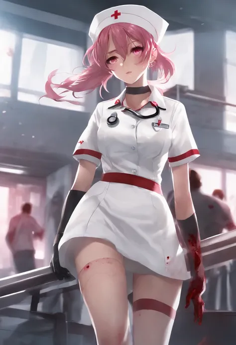 masterpiece, highest quality, highest detail, 1 girl, BREAK, horror, (Small injured girl, blood, bleeding, injury), Shining pink hair, jewel-like pink eyes, anime highlight eyes, (Nurse uniform: 1.4), (White tight miniskirt: 1.2), White pantyhose, scarred ...