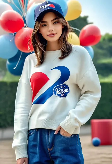 (((RAW image quality: 1.4))), highest quality, very high resolution, (realistic: 1.4), Wearing a long-sleeved sweater with the latest trend motif that says "PEPSI" jeans and spring-style sneakers、photo of a young girl who active, standing, medium breasts, ...