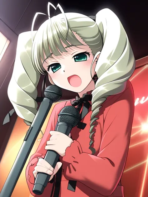 Aino Pekone, One girl, alone, microphone, Drill Hair, sing, music, Twin tails, Dutch Angle, ribbon, karaoke, Green Eyes, antenna hair, Open your mouth, hair ribbon, Twin Drill, Long sleeve