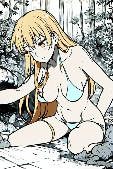 A tanned-skinned anime girl lies despondently on the ground, her hand cradling her abdomen in agony. Her fabric revealing the faint outlines of her ribs. Long sun-kissed locks cascade around her face, concealing it from view. Her despairing expression, etc...