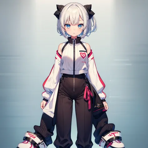 1girl、Only a loose tracksuit top、Rib knit cuffs and hem、vtuber-fullbody、Milky white short hair、