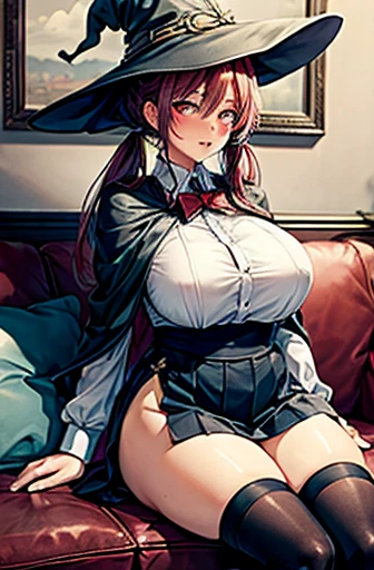 masterpiece, highest quality, highest quality, beautifully、aesthetic:1.2), Very detailed, Crimson Hair, Long Hair, Twin tails, witch, Academy uniform, Red eyes, Huge breasts, Wide Hips, skirt, sofa, Sitting, Young people, 1 girl, alone, takeda hiromitsu st...