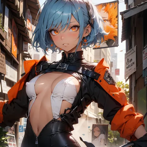 light blue hair, short hair, (orange Eyes:1.5), (medium breasts:1.5) (erectile nipples:1.1), transparent bodysuit, BREAK outdoors, abandoned building, BREAK looking at viewer, BREAK (masutepiece:1.2), Best Quality, High resolution, Unity 8k wallpaper, (Ill...