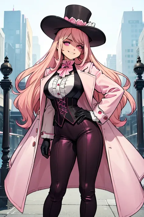 female, blonde long hair with pink highlights, pink eyes, (((1girl))), (((white Victorian coat with pink trim))), (black shirt), (black gloves), (pink vest), (brown pants), (black heeled boots), cute and sexy, large breasts, large butt, full body, long leg...