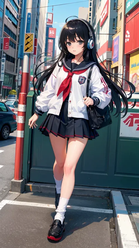 (masterpiece), (highest quality:1.4), (Ultra-high resolution:1.2),  Highly detailed background, (unity 8k wallpaper), Cute high school girl wearing headphones walking through the streets of Tokyo。Illustrations inspired by city pop culture、uniform、Wear loos...