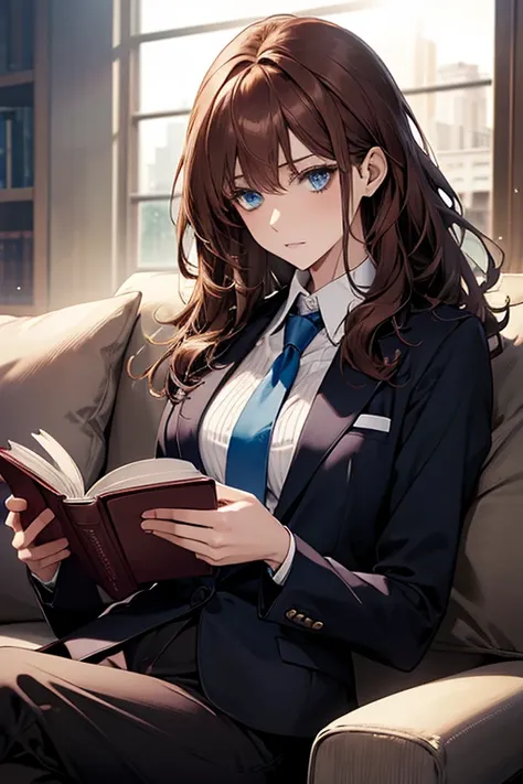 (Confused, High resolution, Very detailed), 1 female, Adult,beautiful, Bright Blue Eyes, brown hair, Wavy medium hair,suit,tie,secretary,Adult woman,30th generation,quiet,thin,pale,thin,suit,Reading a book on the couch,