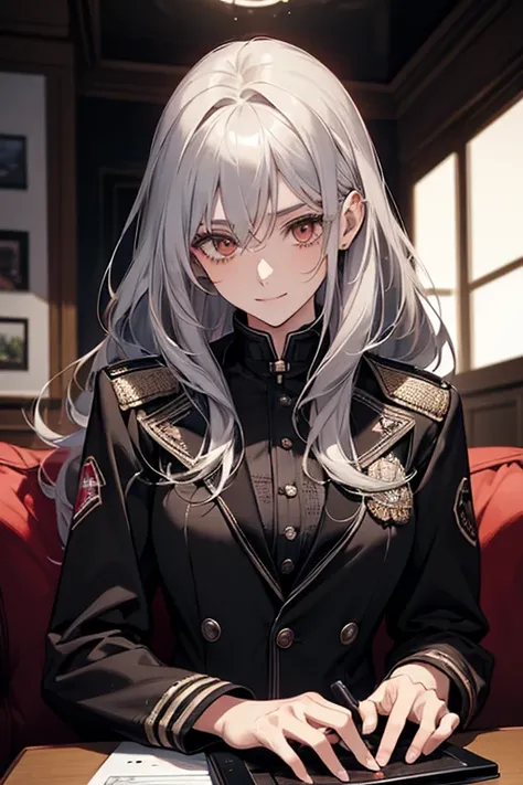 (Confused, High resolution, Very detailed), 1 female, Silver Hair,Long Hair,Reddish brown eyes,black pilot jacket,Black and white suit,20th Generation,Beautiful woman,A shy smile,thin,Are thin,quiet,Calm,Touching a tablet on the sofa