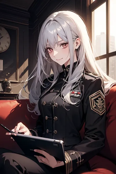 (Confused, High resolution, Very detailed), 1 female, Silver Hair,Long Hair,Reddish brown eyes,black pilot jacket,Black and white suit,20th Generation,Beautiful woman,A shy smile,thin,Are thin,quiet,Calm,Touching a tablet on the sofa