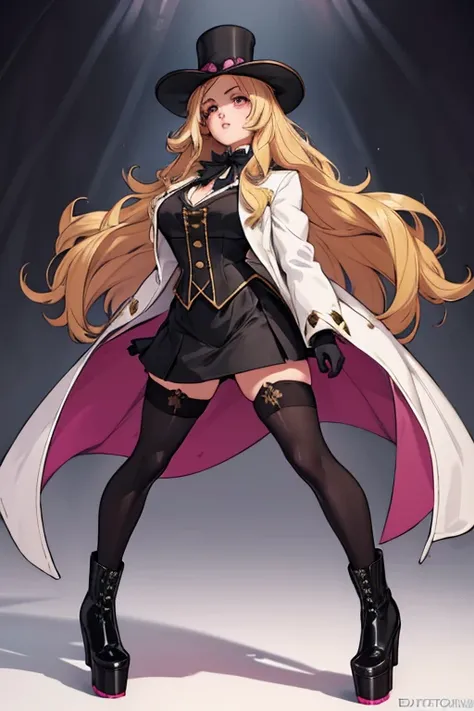 female, blonde long hair, pink eyes, (((1girl))), (((black Victorian coat))), (white shirt), (black gloves), (gold vest), (black skirt), (brown tights), (black heeled boots), cute and sexy, large breasts, large butt, full body, long legs