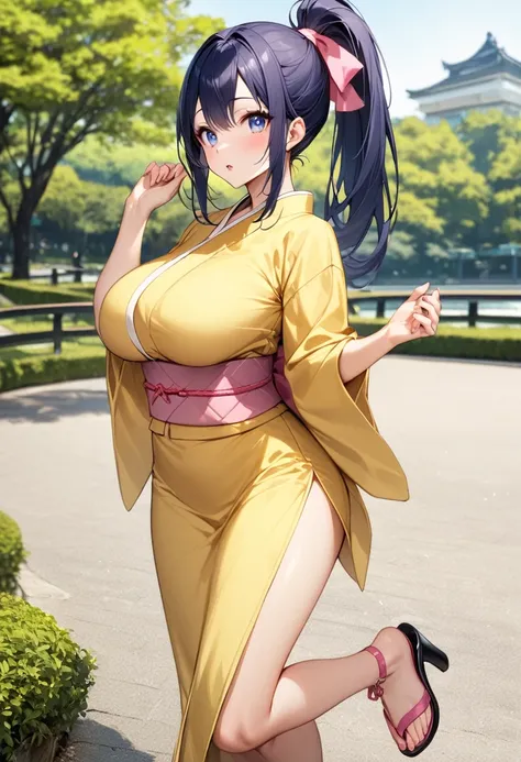 young girl, indigo eyes, dark-blue hair, ponytail, big tits, yellow kimono, pink belt, park background, high-heeled sandals