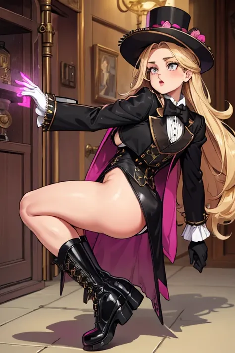 female, blonde long hair, pink eyes, (((1girl))), (((black Victorian coat))), (white shirt), (black gloves), (gold vest), (black skirt), (brown tights), (black steampunk boots), cute and sexy, large breasts, large butt, full body, long legs