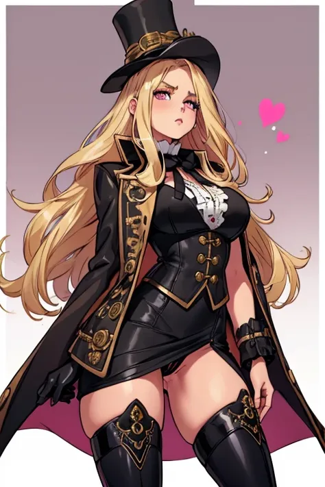 female, blonde long hair, pink eyes, (((1girl))), (((black Victorian coat))), (white shirt), (black gloves), (gold vest), (black skirt), (brown tights), (black steampunk boots), cute and sexy, large breasts, large butt, full body, long legs