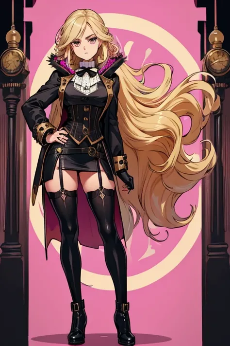 female, blonde long hair, pink eyes, (((1girl))), (((black Victorian coat))), (white shirt), (black gloves), (gold vest), (black skirt), (brown tights), (black steampunk boots), cute and sexy, large breasts, large butt, full body, long legs