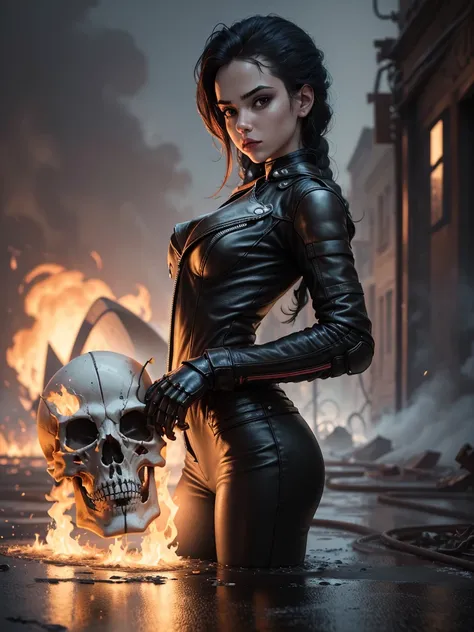 femme noire de 25 ans, Ghost Photographer Style, a supernatural antihero character in comic books published by Marvel Comics, apparition avec une tête de squelette en feu, Elle conduit une moto qui est également en feu, tight leather clothes, tout le corps...