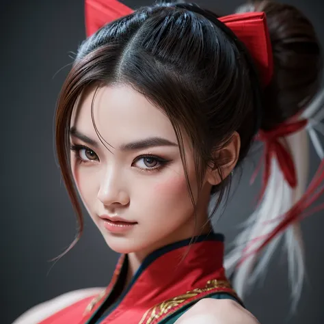 A beautiful ninja woman with stunning features and graceful movements. She exemplifies both strength and elegance, representing the essence of a skilled warrior. Her eyes are captivating, with a depth that reflects her determination and wisdom. Her lips ar...