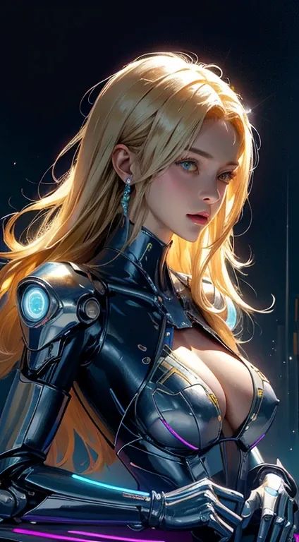 Realistic 8K.,high resolution, bright reflection,1 woman, alone, hips up, half body,(detailed face), blonde hair long hair, Mecha Musume, mechanical parts, robot joint, single mechanical arm, Mechanical radius, Dressed in blue and gold. Bikinis with lots o...