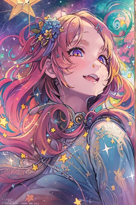 high detailing, Super Detail, 超A high resolution, Girl enjoying time in the galaxy of dreams, surrounded by stars, Warm light sprinkled on her, Starry sky with colorful galaxies and galactic clouds in the background, Stars flying around her, Delicate face,...