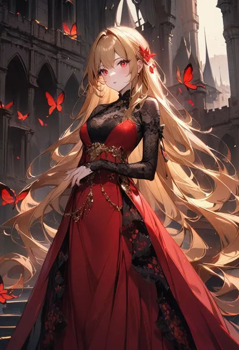 1woman, golden hair, long hair, red eyes, golden eyelashes, red dress, black lace, long dress, long sleevs, red butterflies, castle,wuya style