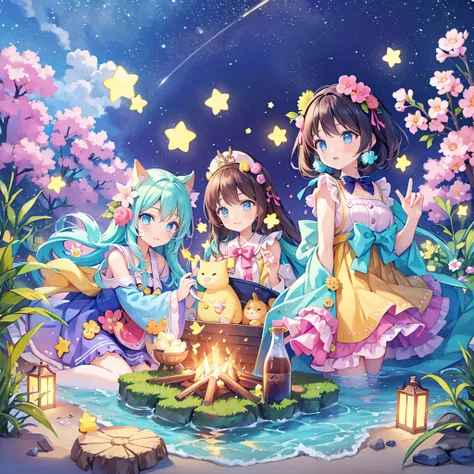 masterpiece, (2girls and 2girls and 2girls and 2girls around campfire), idol, big eyes, kawaiitech, kawaii, cute, pastel colors, best quality, happy, deep background, symmetrical, tilted head, summer