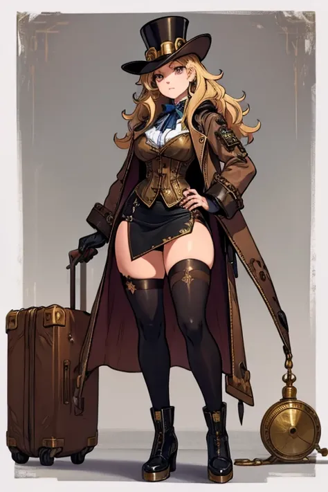 female, blonde long hair, pink eyes, (((1girl))), (((black steampunk coat))), (white shirt), (black gloves), (gold vest), (black knee length skirt), (brown tights), (black steampunk boots), cute and sexy, large breasts, large butt, full body, long legs