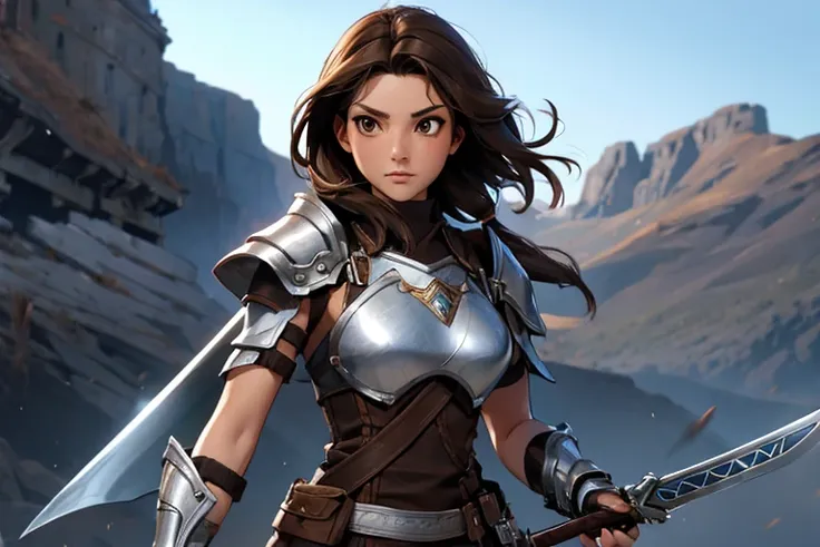 Female, brown hair, brown eyes, silver armor, silver sword, battlefield