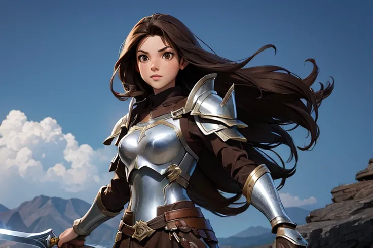 Female, brown hair, brown eyes, silver armor, silver sword, battlefield